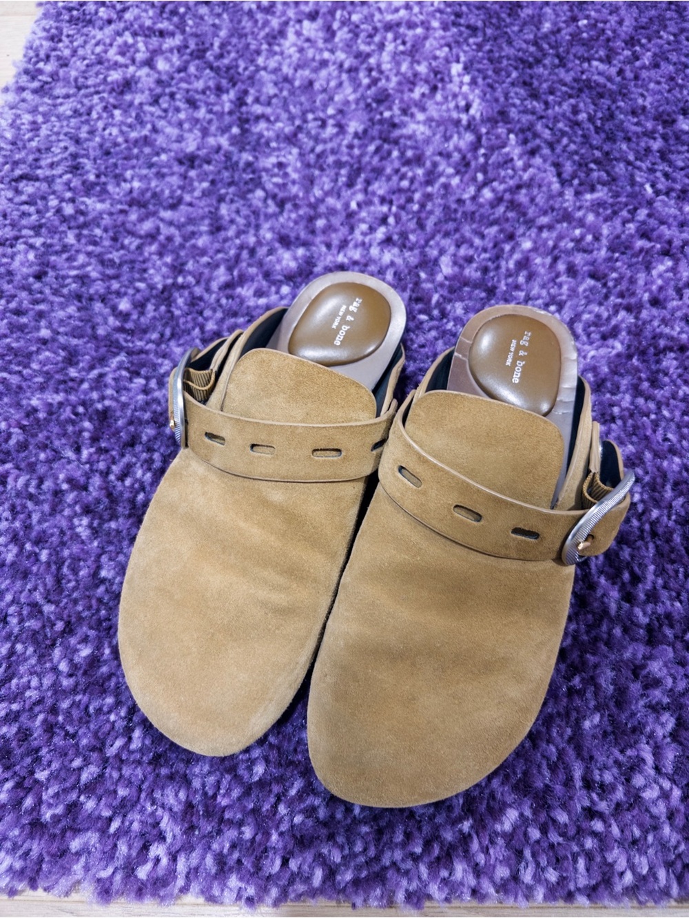 rag & bone Women's Suede Slip-On Clogs in Tan with Buckle